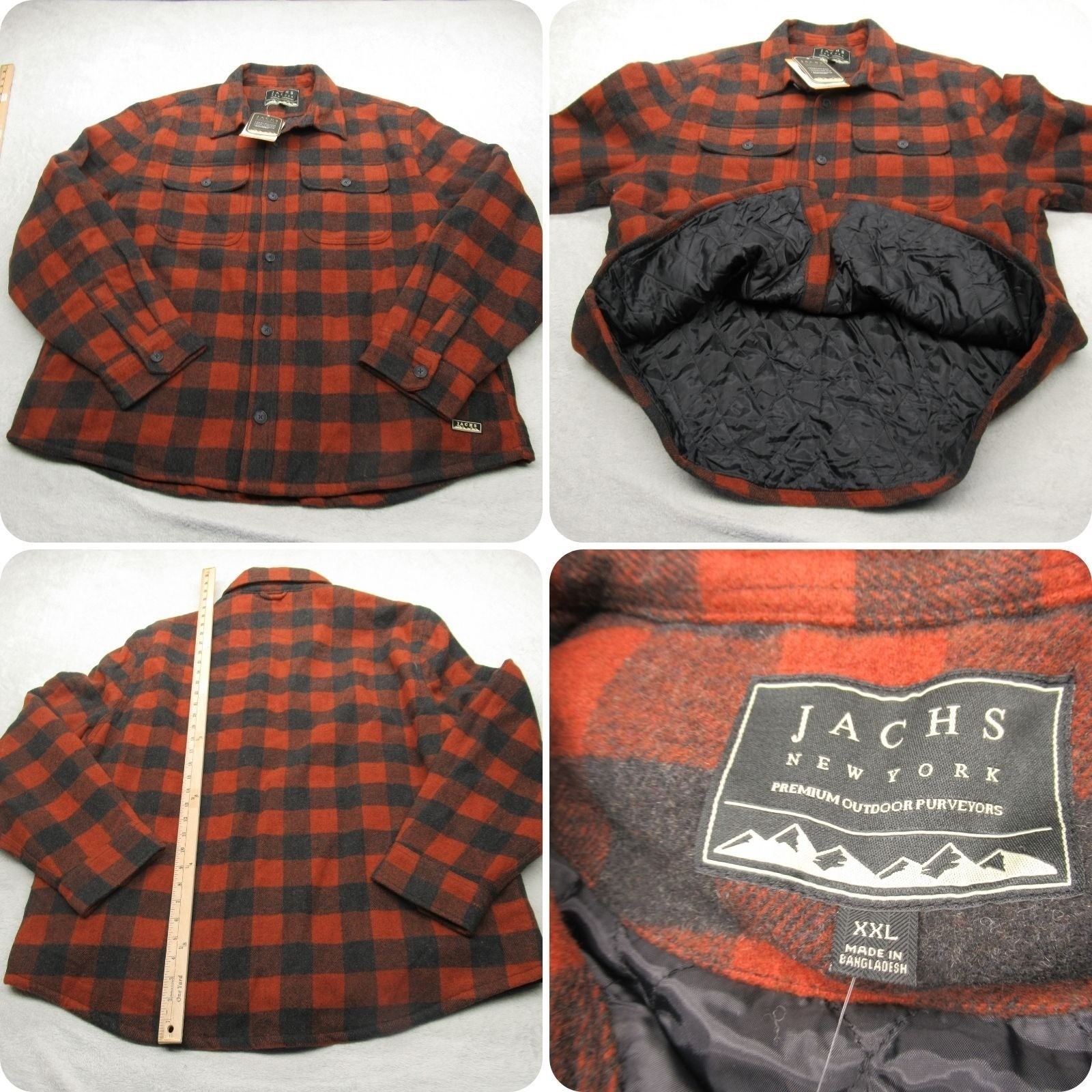 Jachs Flannel Jacket Men Xxl Orange Plaid Quilt Lined Insulated Wool Blend New